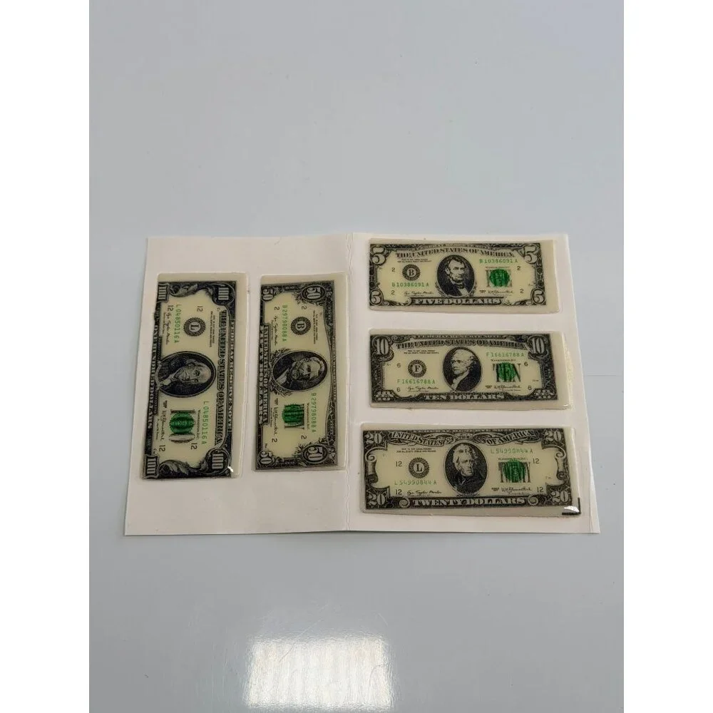 VIntage Toy 3" Plastic Puffy Stickers NOS 1980's Fake Play Dollars Money Bills - Picture 5 of 6
